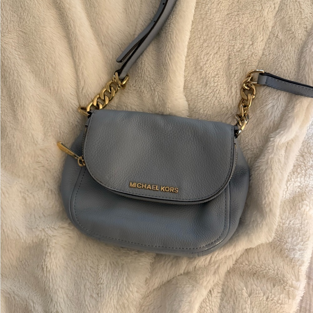 Michael Kors Steel Blue Leather Crossbody with Gold Chain